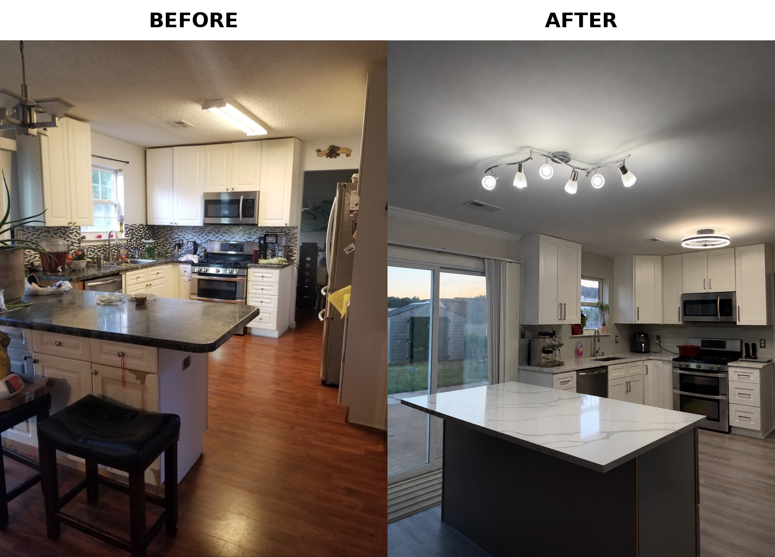 Before and after of a kitchen remodel: dated white cabinets and dark countertops replaced with a bright kitchen, navy island base, quartz countertops and new lighting