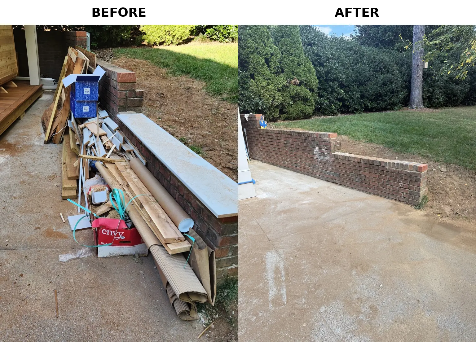 Before and after remodeling debris and wood removal from a patio