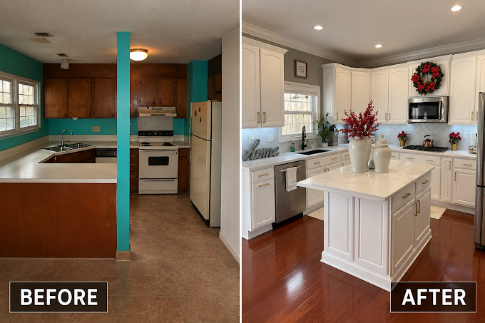 Before and after of a kitchen remodel: dark brown cabinets and teal walls replaced with white cabinetry, a white island, new backsplash and hardwood flooring